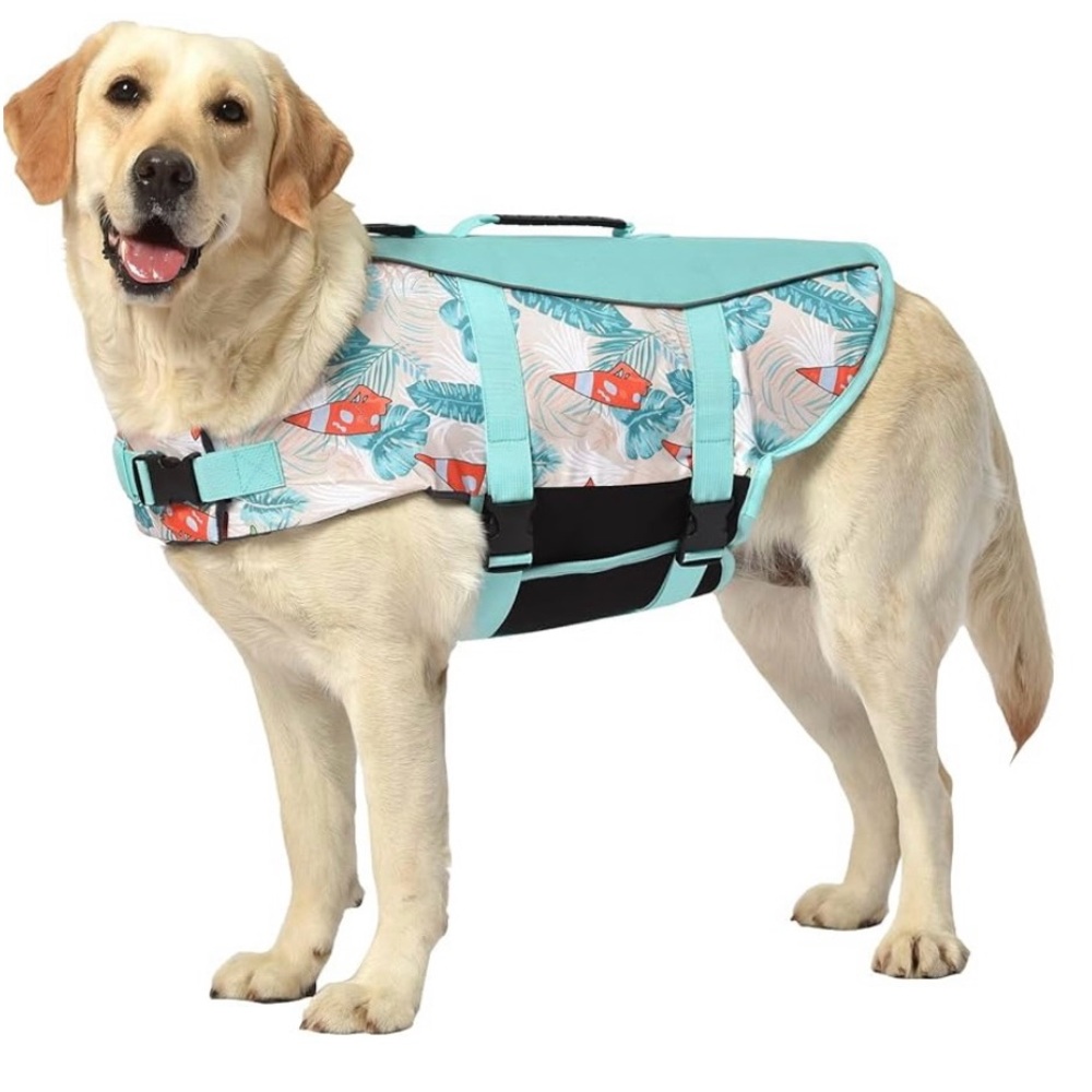 Very buoyant Hawaiian style life jacket for dogs with rescue handle. Medium.